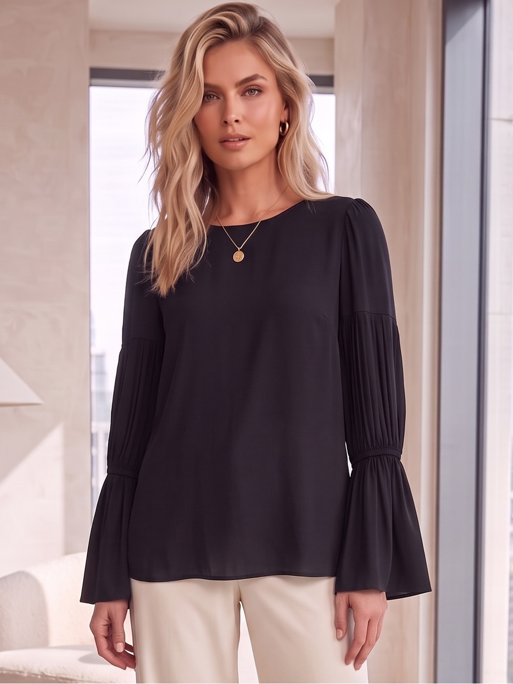 Club Monaco Amund Pleated Bell Long Sleeve Statement Crepe Blouse Top Sz L PARTY